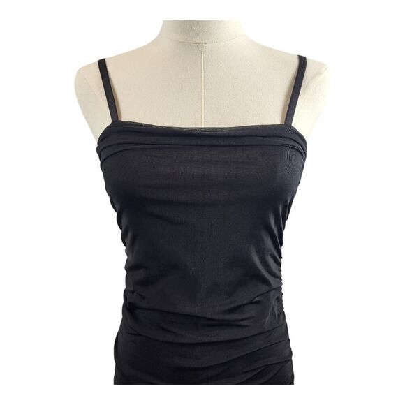 Zara Medium Black Ruched Bodycon Midi Dress Adjustable Straps Fitted Stretchy - Picture 8 of 15